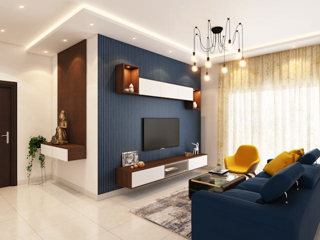 open concept navy and white living room